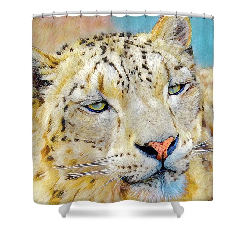 Snow Leopard Shower Curtain featuring the mixed media Gazing Snow Leopard by Susan Rydberg
