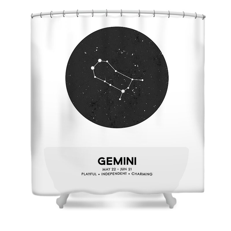 Gemini Shower Curtain featuring the mixed media Gemini Print - Zodiac Signs Print - Zodiac Posters - Gemini Poster - Night Sky - Gemini Traits by Studio Grafiikka