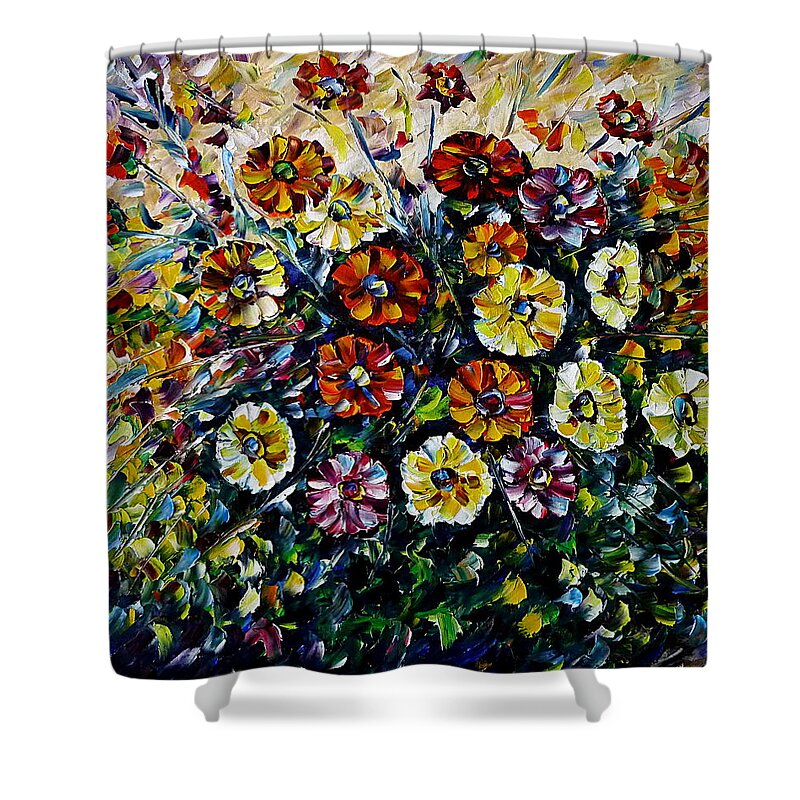 Wild Flower Painting Shower Curtain featuring the painting Gerbera Bouquet by Mirek Kuzniar