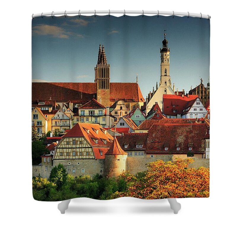 Estock Shower Curtain featuring the digital art Germany, Bavaria, Middle Franconia, Rothenburg Ob Der Tauber, Panoramic View by Maurizio Rellini