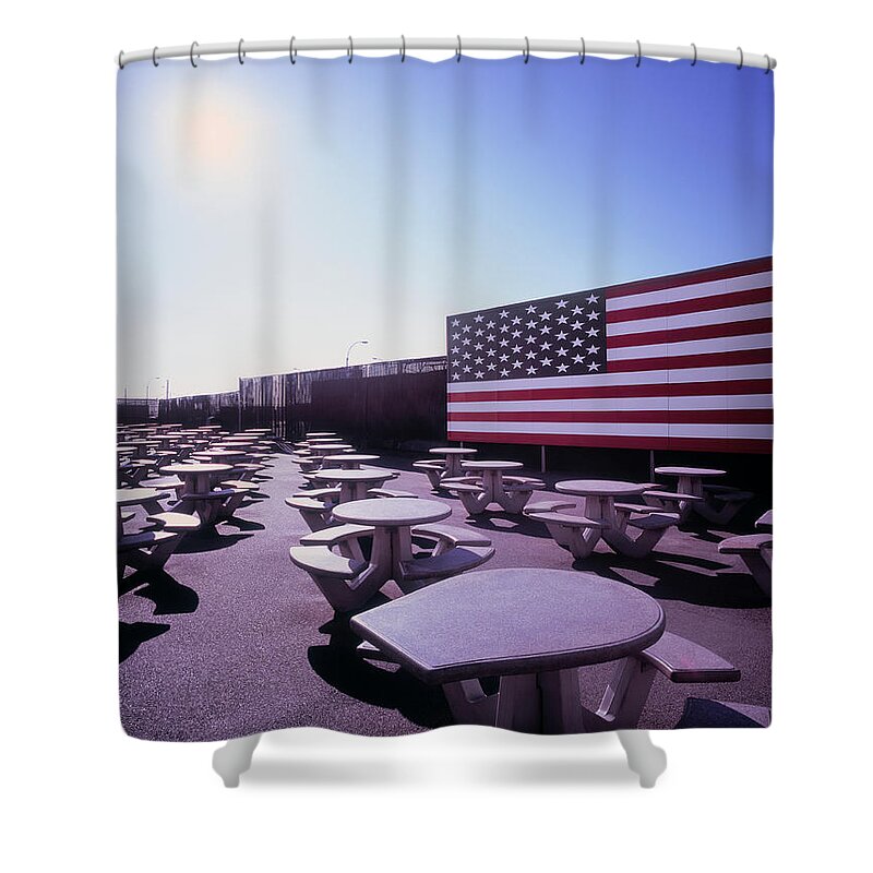 Clear Sky Shower Curtain featuring the photograph Giant American Flag At An Outdoor by Eschcollection