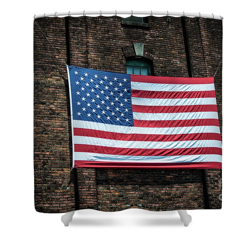 American Flag Shower Curtain featuring the photograph Giant American Flag - Buffalo Trace Bourbon Distillery - Frankfort - Kentucky by Gary Whitton
