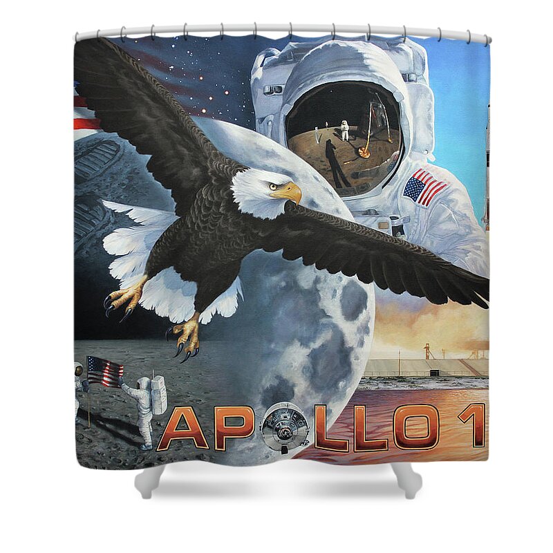 Apollo 11 Shower Curtain featuring the painting Giant Leap of Unity by Lucy West