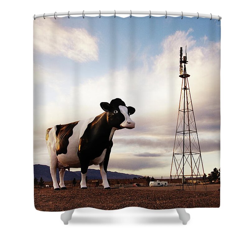 Environmental Conservation Shower Curtain featuring the photograph Giant Roadside Cow With Windmill by Mary Hockenbery
