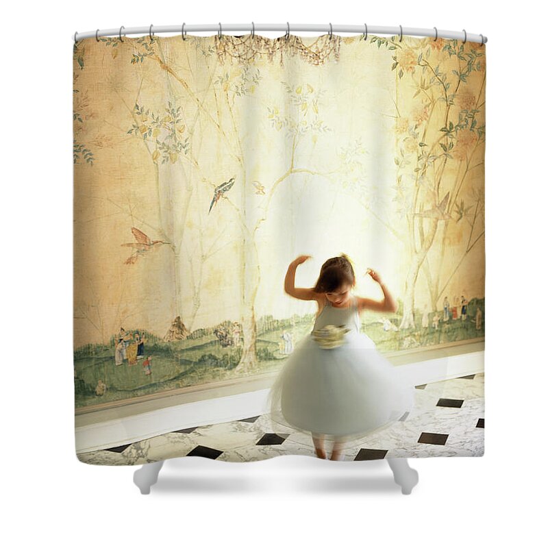 4-5 Years Shower Curtain featuring the photograph Girl 3-5 Spinning In Front Of Mural In by Todd Pearson
