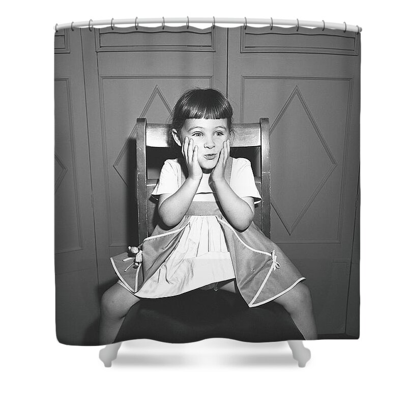 4-5 Years Shower Curtain featuring the photograph Girl 5-5 Sitting Astride Chair, Making by George Marks