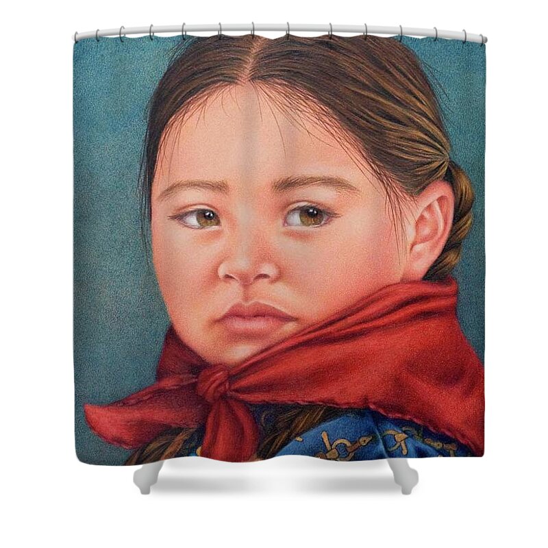 Portrait Of A Western Rodeo Girl. Native American. American Indian Portraits. Girls Face. Red Handkerchief. Girl In Braids. Horse Girl. Equine. Indian Pony Beads. Horse Tack Shirt Shower Curtain featuring the painting Girl in the Red Handkerchief by Valerie Evans