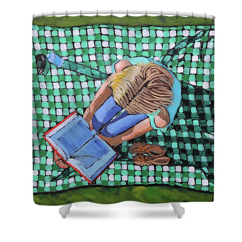 Girl Shower Curtain featuring the painting Girl Reading on Blanket by Kevin Hughes