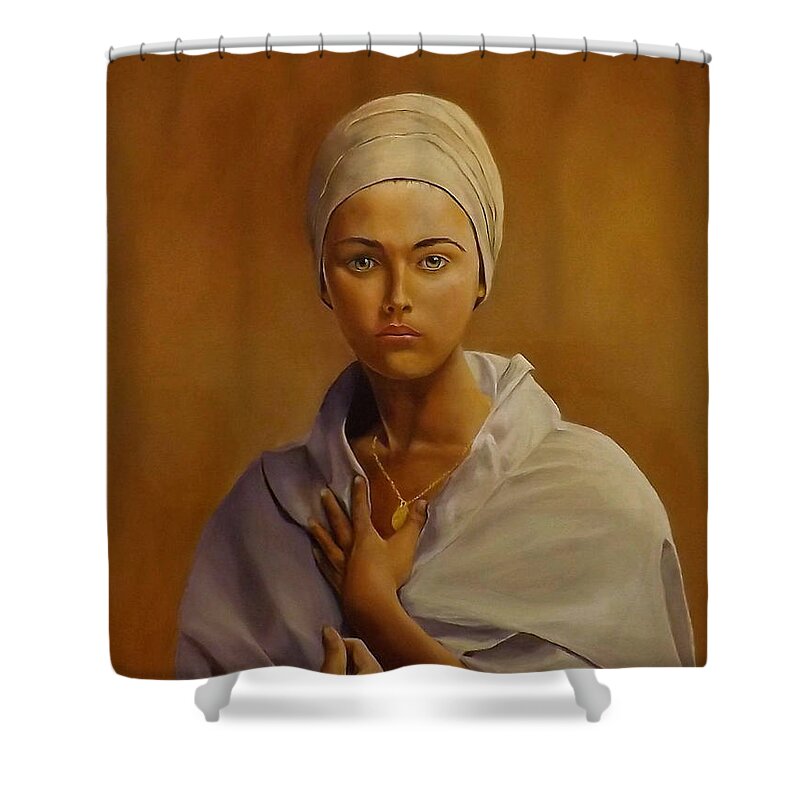 Figurative Shower Curtain featuring the painting Girl With A Turban by Barry BLAKE