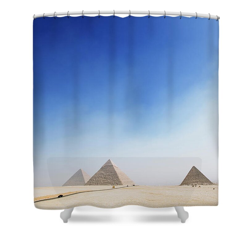 Clear Sky Shower Curtain featuring the photograph Giza Pyramids by Roine Magnusson