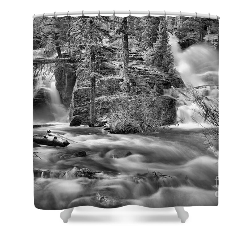 Twin Falls Shower Curtain featuring the photograph Glacier Park Twin Falls Black And White by Adam Jewell