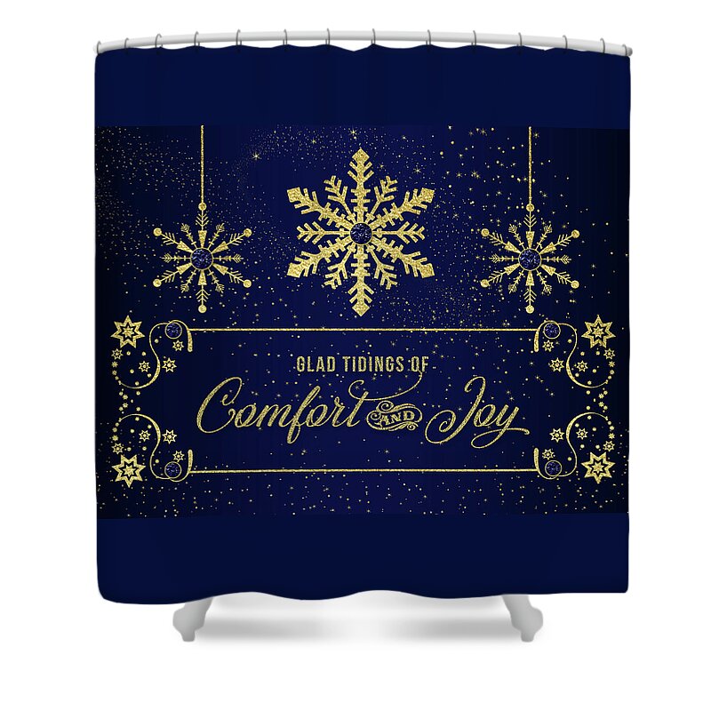 Christmas Shower Curtain featuring the digital art Glad Tidings of Comfort and Joy in Deep Blue by Doreen Erhardt