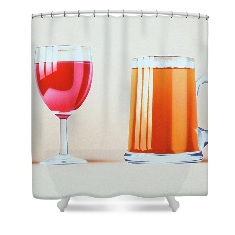 White Background Shower Curtain featuring the digital art Glass Of Red Wine, Cork, Glass Of Beer by Dorling Kindersley