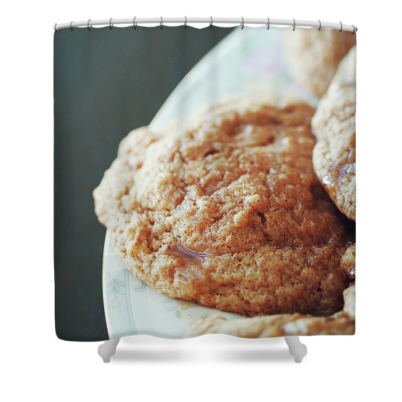 Black Background Shower Curtain featuring the photograph Glazed Apple Cider Cookies by Image(s) By Sara Lynn Paige