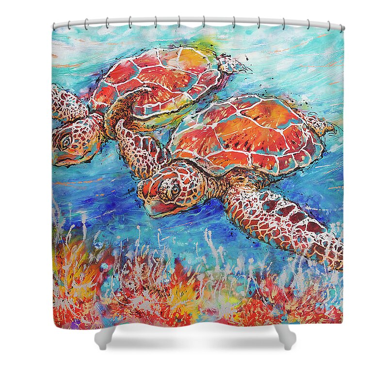 Marine Turtles Shower Curtain featuring the painting Gliding Sea Turtles by Jyotika Shroff