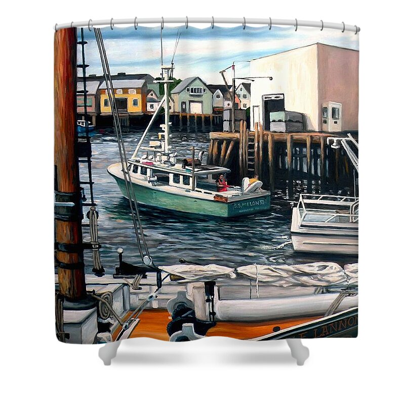 Gloucester Shower Curtain featuring the painting Gloucester's Working Waterfront by Eileen Patten Oliver