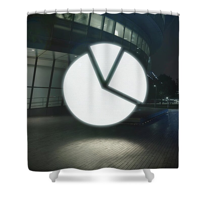 Digitally Generated Image Shower Curtain featuring the digital art Glowing Pie Chart Symbol In City At Night by J J D