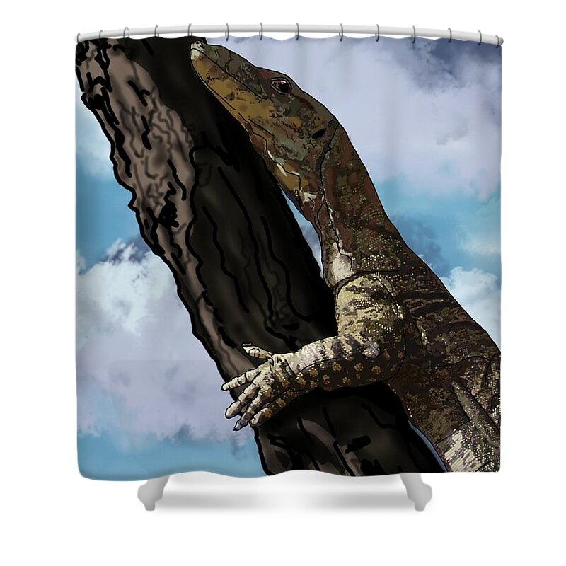 Portrait Shower Curtain featuring the drawing Goanna Climbing A Tree by Joan Stratton