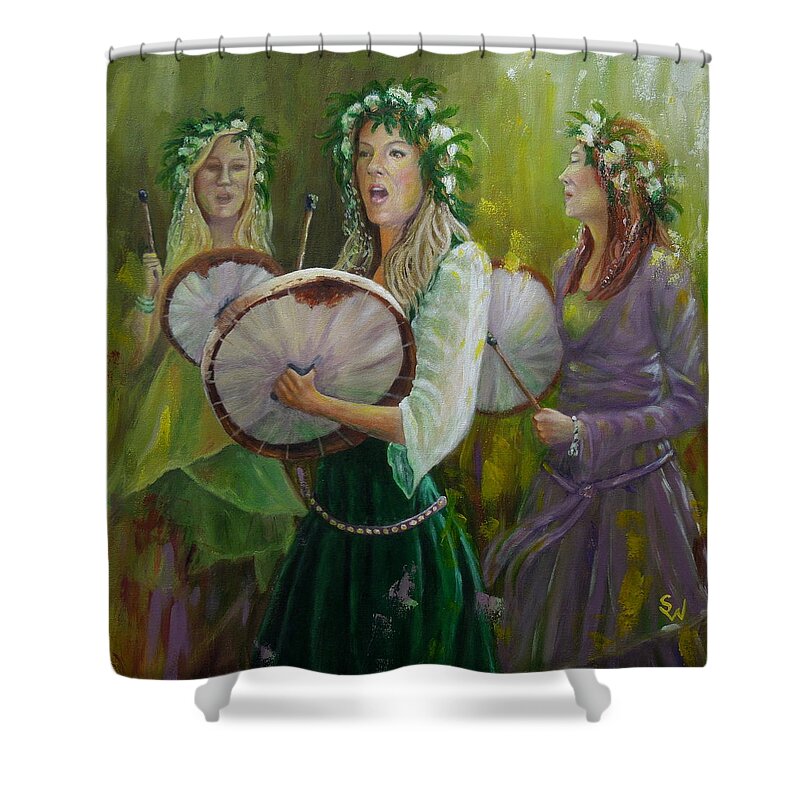 Impressionism Shower Curtain featuring the painting Goddess Drummers by Shirley Wellstead