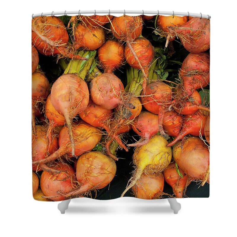 Orange Color Shower Curtain featuring the photograph Golden Beets At A Farmers Market by Bill Boch