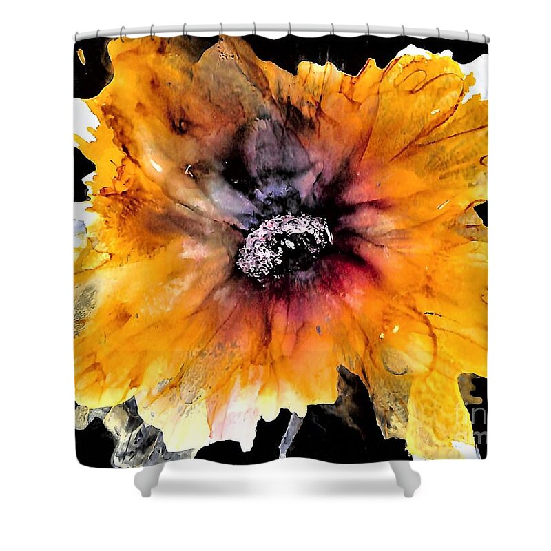 Donoghue Shower Curtain featuring the painting Golden Flower on Black by Patty Donoghue