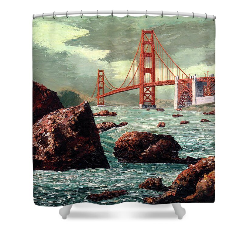 Golden Gate Bridge Shower Curtain featuring the painting Golden Gate Bridge / San Francisco, California by David Arrigoni
