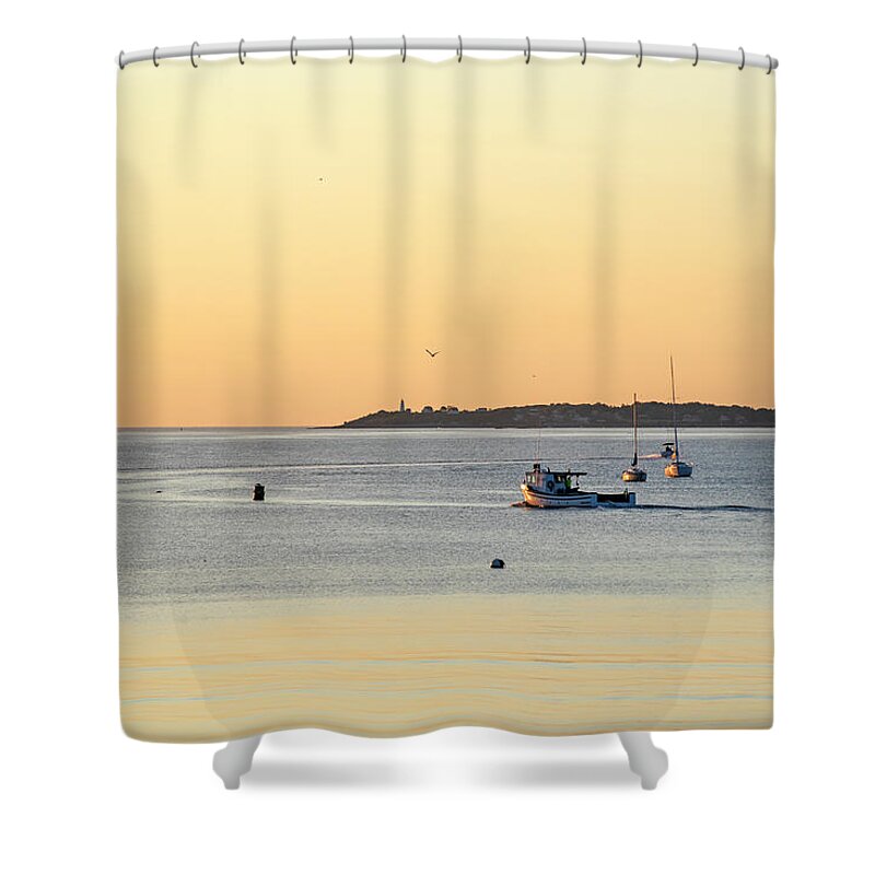 Beverly Shower Curtain featuring the photograph Golden light over Beverly MA and Bakers Island Sunrise by Toby McGuire