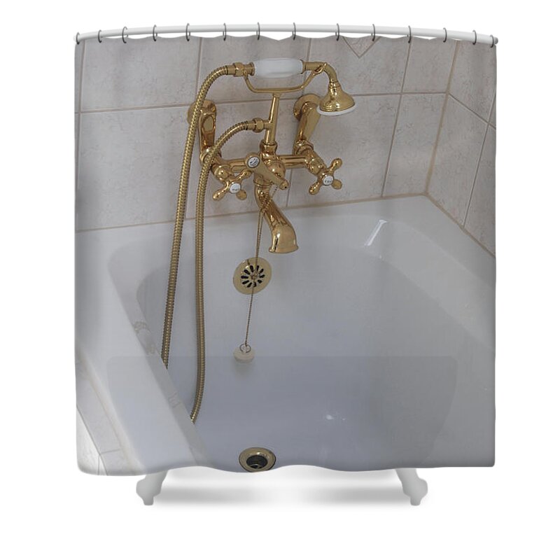 Golden Shower Faucet Shower Curtain featuring the photograph Golden Shower Faucet by Ee Photography