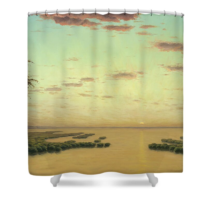 Landscape Shower Curtain featuring the painting Golden Sunset by Rick Hansen
