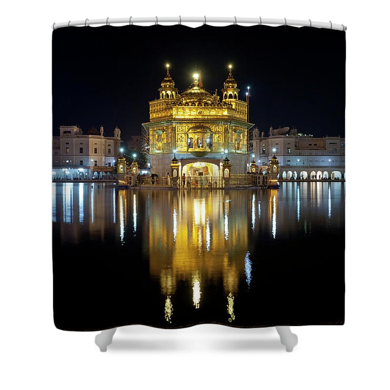 Indian Subcontinent Ethnicity Shower Curtain featuring the photograph Golden Temple At Night In Amritsar by Yoav Peled