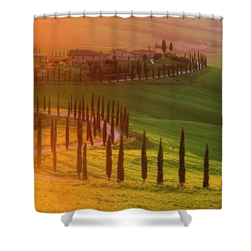 Tuscany; Villa; Green; Hills; Italy; Belvedere; Val D'orcia; Cypress; Trees; Beautiful; Countryside; Sunset; Rolling; Italia; Toscana; Rob Davies; Robert Davies; Landscape; Gold; Sun; Flare; Lens Flare; Panorama; Gladiator; Location; S Shape; Road; Classic Shower Curtain featuring the photograph Golden Tuscany II by Rob Davies