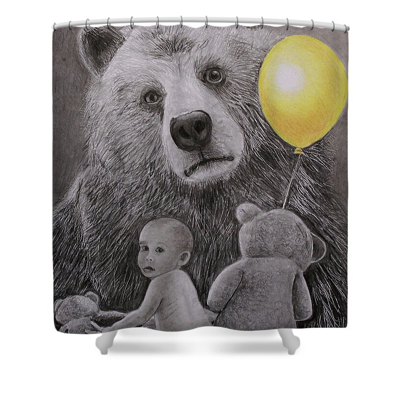 Monotone Shower Curtain featuring the drawing Goldilocks and the three bears by Tim Ernst