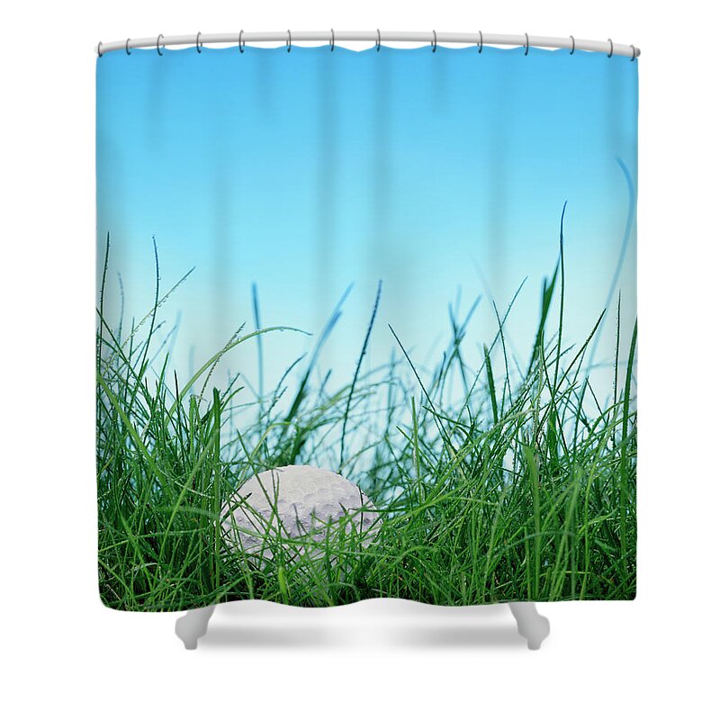 Grass Shower Curtain featuring the photograph Golf Ball In Long Grass by Peter Dazeley