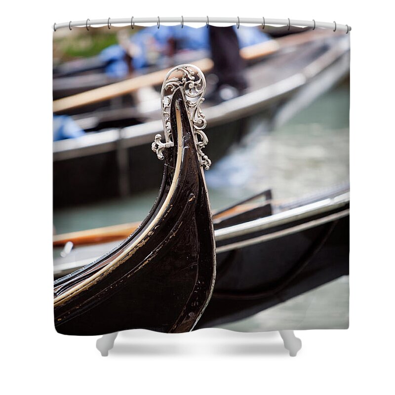 The End Shower Curtain featuring the photograph Gondola Detail In Venice Canal by Lillisphotography
