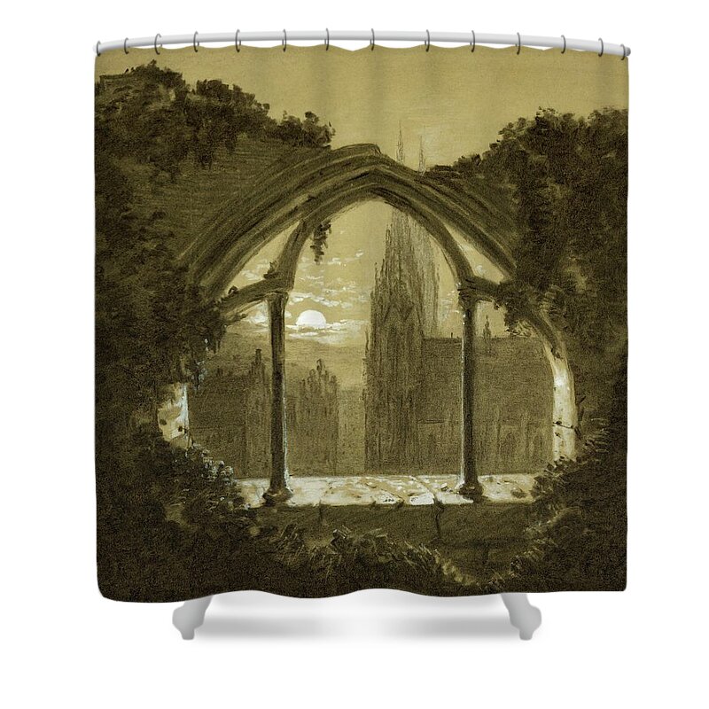 Carl Gustav Carus Shower Curtain featuring the painting Gothic cathedral seen through ruins of a castle. Black chalk, white wash -around 1852-. by CARL GUSTAV CARUS Carus Carl Gustav physician and painter