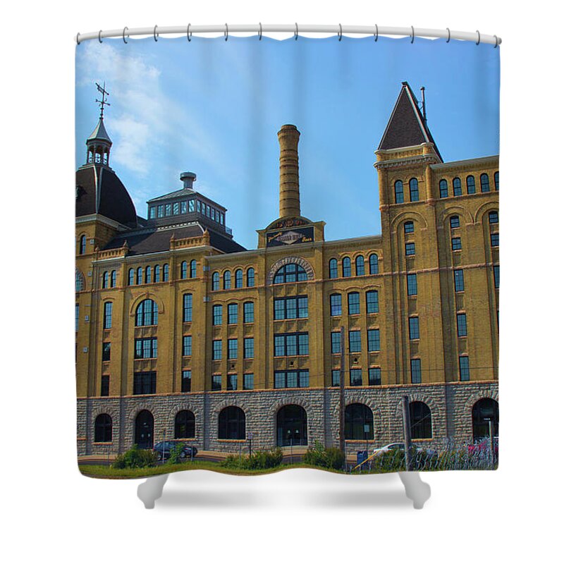 In Focus Shower Curtain featuring the photograph Grain Belt Brewery by Nancy Dunivin