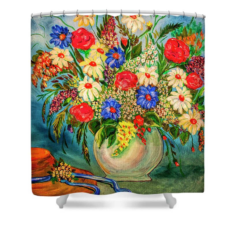 Summer Shower Curtain featuring the painting Grandma's Hat and Bouquet by Janice Pariza