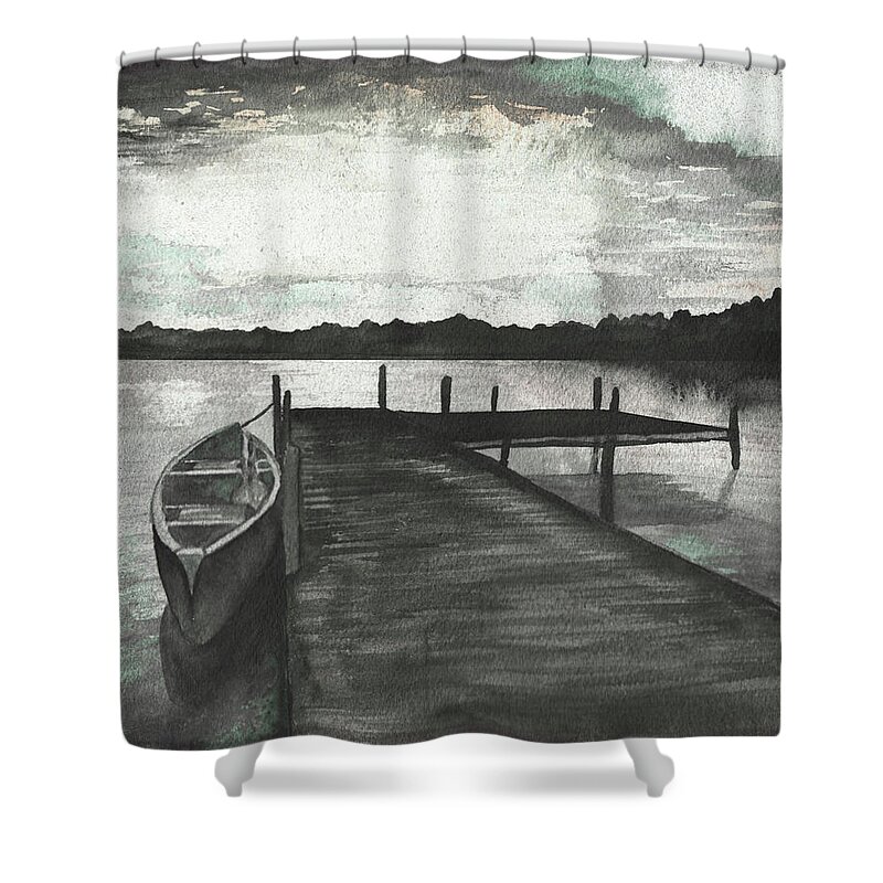 Gray Shower Curtain featuring the mixed media Gray Morning On The Lake by Elizabeth Medley