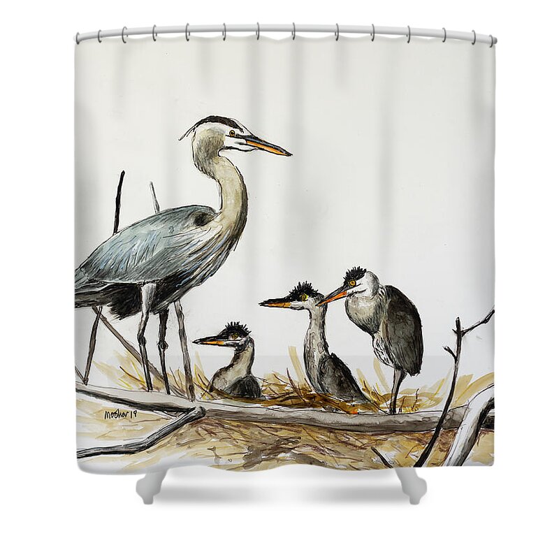Great Blue Heron Shower Curtain featuring the painting Great Blue Heron Acrylic Ink 3 by Rick Mosher