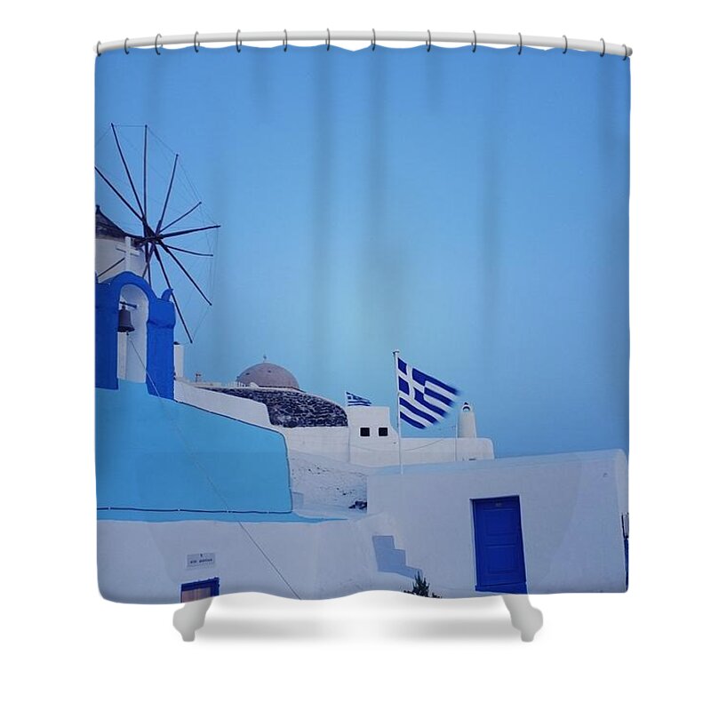 Tranquility Shower Curtain featuring the photograph Greece National Flag Flying In Santorini by Vickie Abby@macau - Flickr.com/vickieabby/