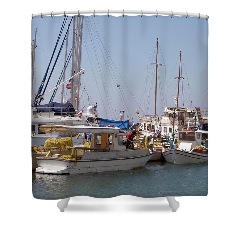 Greece Shower Curtain featuring the photograph Greece, Santorini, Vlihada, Boats by Andrew Holt