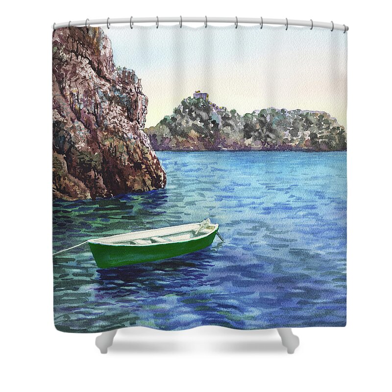 Green Boat Shower Curtain featuring the painting Green Boat Blue Sea Safe Harbor Watercolor by Irina Sztukowski