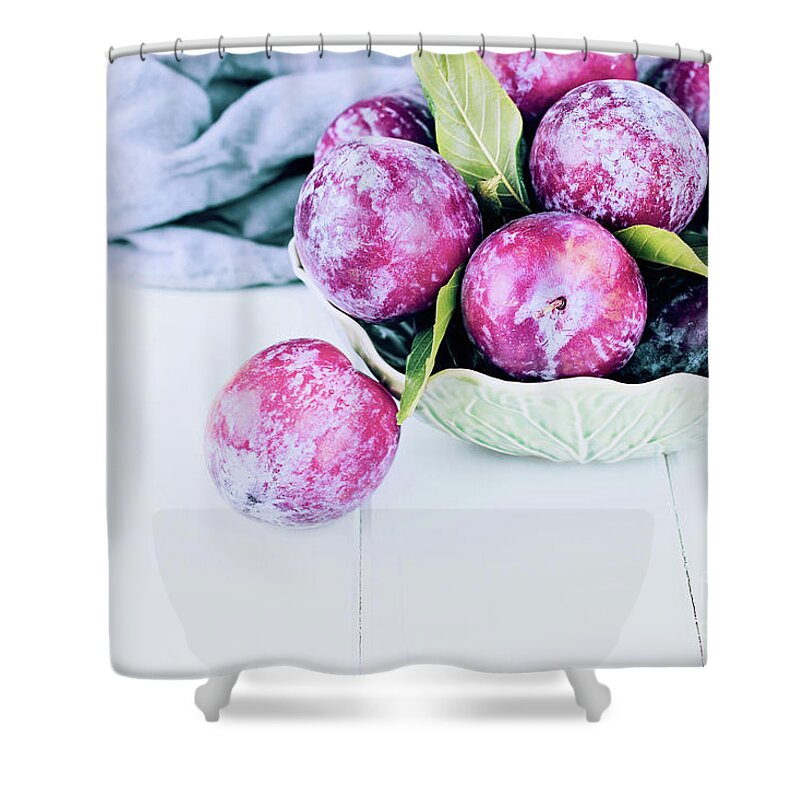 Plum Shower Curtain featuring the photograph Green Bowl of Fresh Pickked Organic Plums by Stephanie Frey