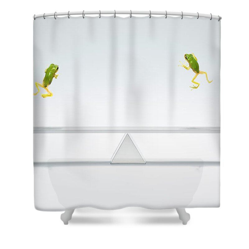 Performance Shower Curtain featuring the photograph Green Frog Flying Over The Seesaw by Yuji Sakai