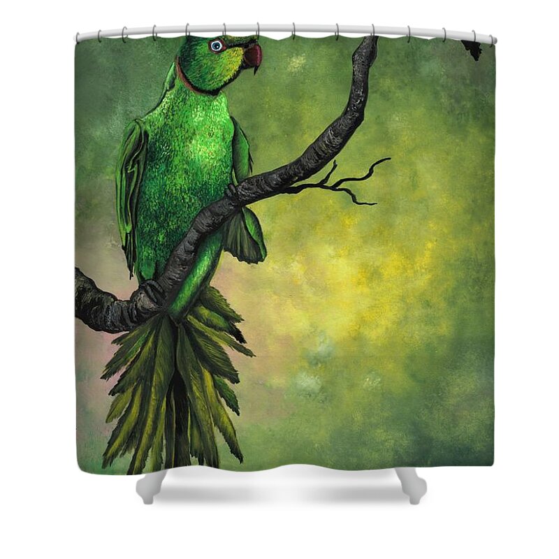 Bird Shower Curtain featuring the painting Green ring -necked parrot by Tara Krishna