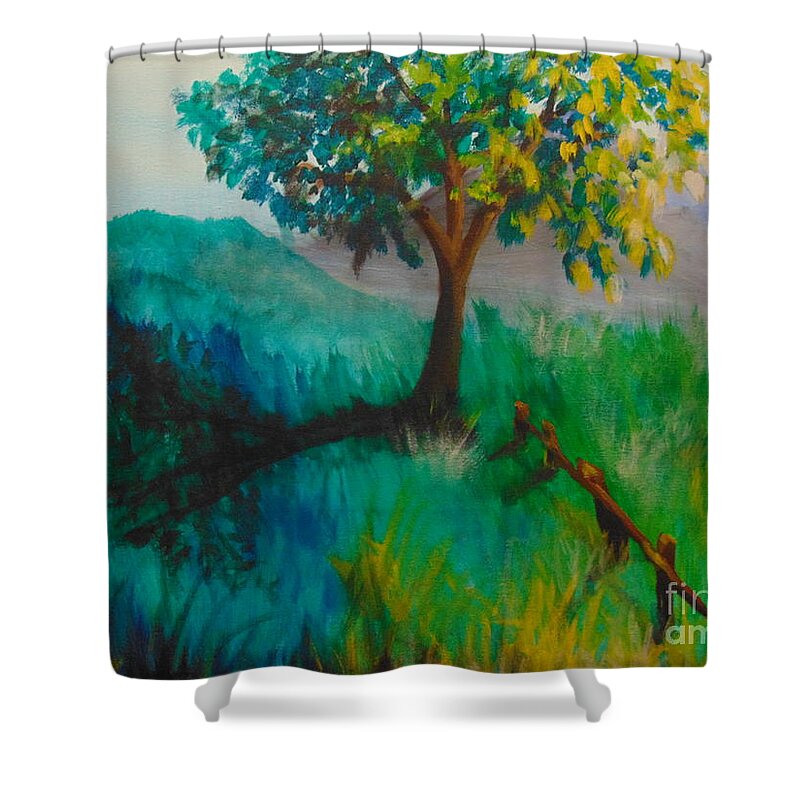 Green Shower Curtain featuring the painting Green Pastures by Saundra Johnson