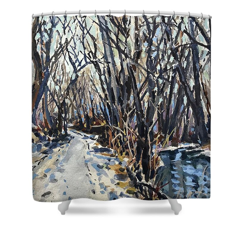 Snow Greenbelt Shower Curtain featuring the painting Greenbelt Snow study by Les Herman