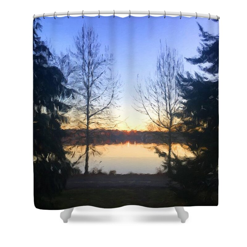 Seattle Shower Curtain featuring the digital art Greenlake Dawn Evergreens by Paisley O'Farrell