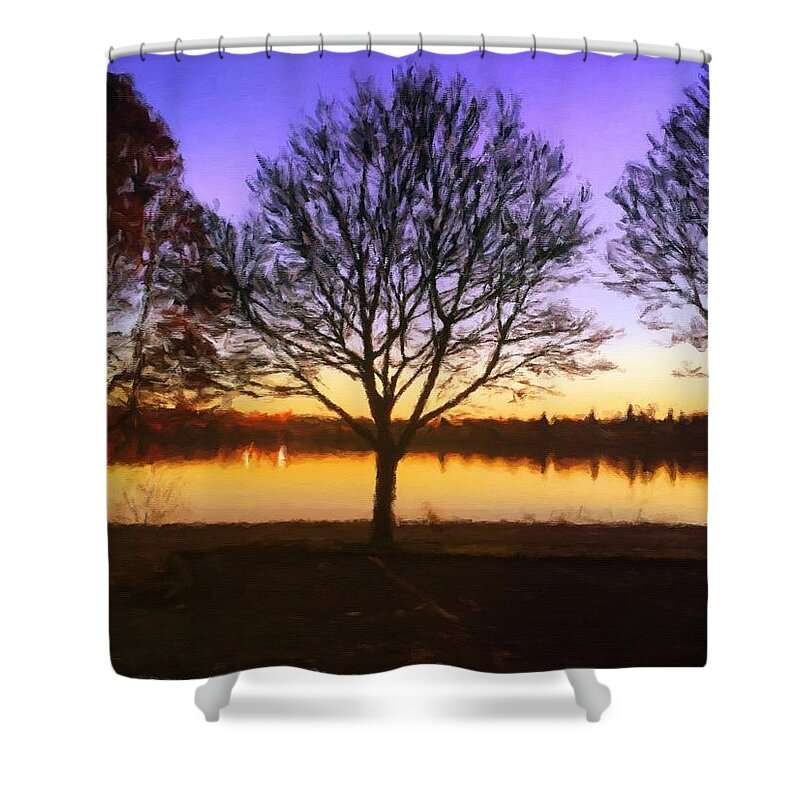 Seattle Shower Curtain featuring the digital art Greenlake Dawn Intensity by Paisley O'Farrell