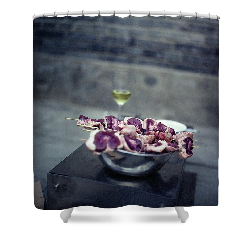 Alcohol Shower Curtain featuring the photograph Grilled Mutton Kidneys by Oliver Rockwell